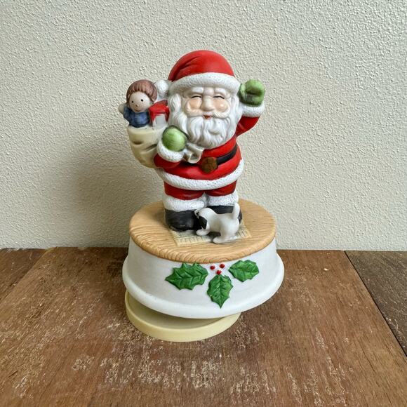 Vintage bisque porcelain Santa Claus & toy bag with puppy Jingle Bells music box - Picture 1 of 6